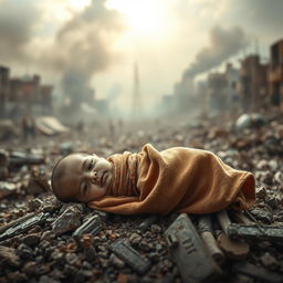 A powerful and emotive scene depicting a helpless baby in a war-torn environment, surrounded by ruins and destruction, evocative of the Gaza conflict