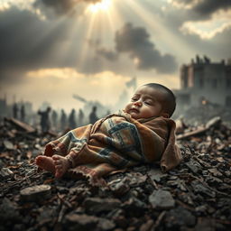 A powerful and emotive scene depicting a helpless baby in a war-torn environment, surrounded by ruins and destruction, evocative of the Gaza conflict