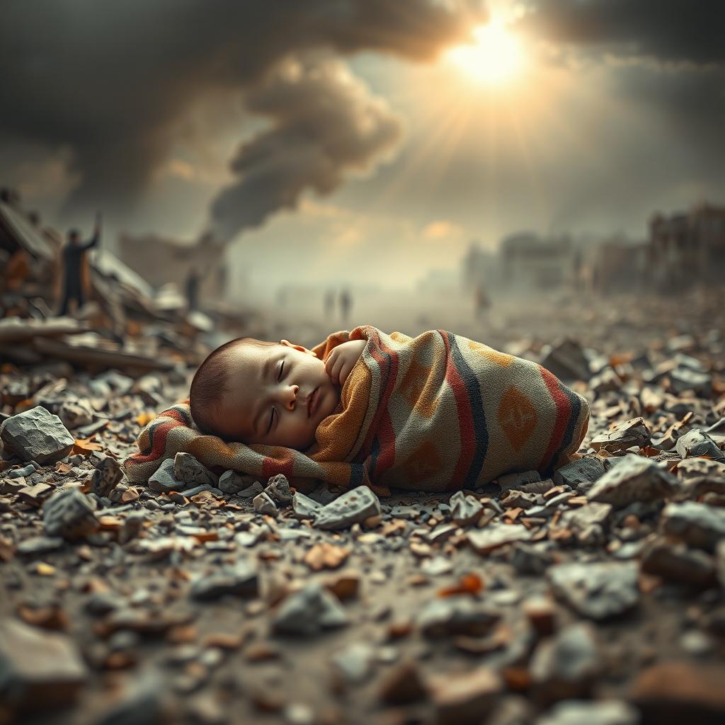 A powerful and emotive scene depicting a helpless baby in a war-torn environment, surrounded by ruins and destruction, evocative of the Gaza conflict