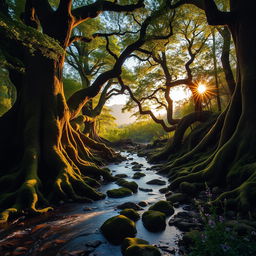 A majestic, ancient forest during the golden hour, sunlight filtering through the dense canopy of lush green leaves, casting dappled shadows on the forest floor
