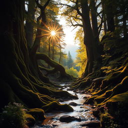 A majestic, ancient forest during the golden hour, sunlight filtering through the dense canopy of lush green leaves, casting dappled shadows on the forest floor