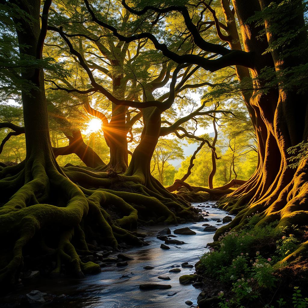 A majestic, ancient forest during the golden hour, sunlight filtering through the dense canopy of lush green leaves, casting dappled shadows on the forest floor