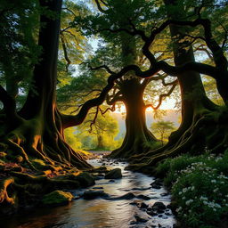A majestic, ancient forest during the golden hour, sunlight filtering through the dense canopy of lush green leaves, casting dappled shadows on the forest floor