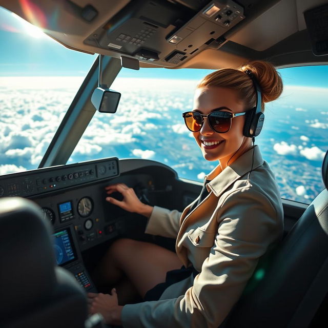 A dynamic scene of a busy cockpit, featuring a confident pilot, a stylishly dressed female aviator, focused intently on the controls as she pilots a sleek airplane