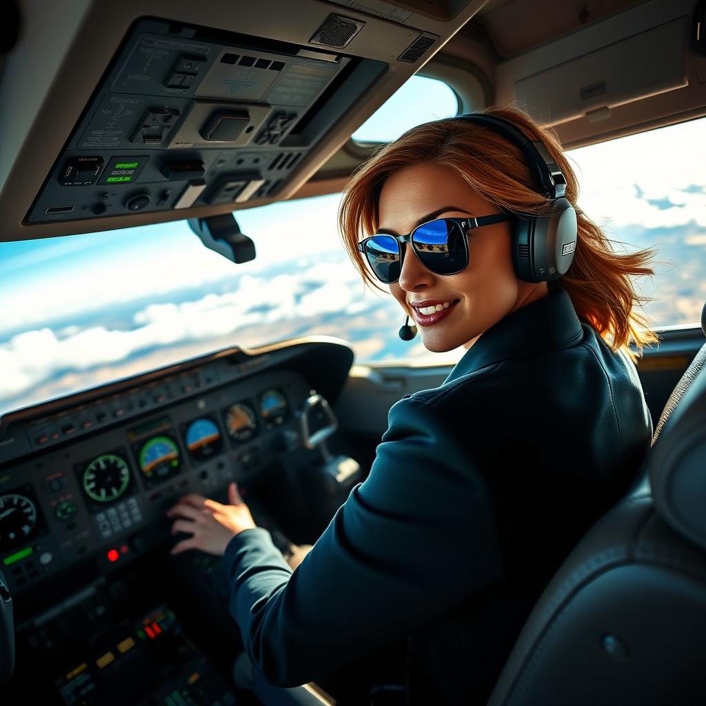 A dynamic scene of a busy cockpit, featuring a confident pilot, a stylishly dressed female aviator, focused intently on the controls as she pilots a sleek airplane