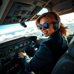 A dynamic scene of a busy cockpit, featuring a confident pilot, a stylishly dressed female aviator, focused intently on the controls as she pilots a sleek airplane