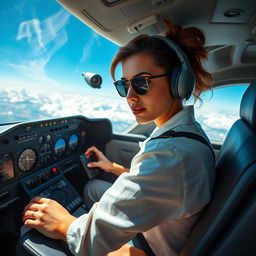 A dynamic scene of a busy cockpit, featuring a confident pilot, a stylishly dressed female aviator, focused intently on the controls as she pilots a sleek airplane