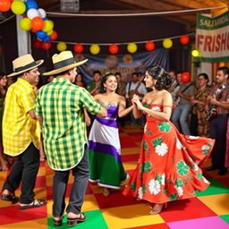 A vibrant and lively celebration of Forró, featuring a colorful dance floor with couples elegantly performing traditional Forró dance moves