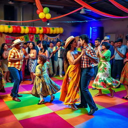 A vibrant and lively celebration of Forró, featuring a colorful dance floor with couples elegantly performing traditional Forró dance moves