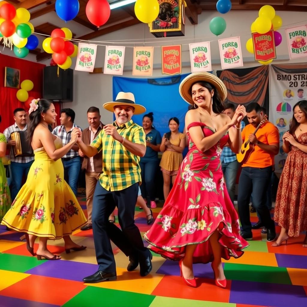 A vibrant and lively celebration of Forró, featuring a colorful dance floor with couples elegantly performing traditional Forró dance moves