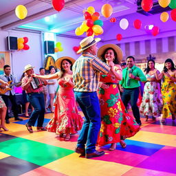 A vibrant and lively celebration of Forró, featuring a colorful dance floor with couples elegantly performing traditional Forró dance moves