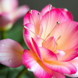 A beautiful flower with acupuncture needles delicately inserted into its petals, showcasing vibrant colors and intricate details