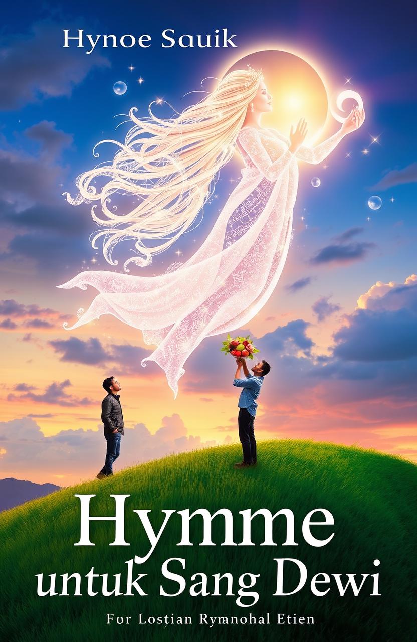A captivating book cover titled 'Hymne untuk Sang Dewi', featuring a romantic and ethereal scene of a mortal man standing on a lush green hill under a twilight sky, gazing lovingly towards a divine goddess made of shimmering light and celestial elements, floating gracefully in the clouds