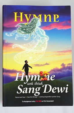 A captivating book cover titled 'Hymne untuk Sang Dewi', featuring a romantic and ethereal scene of a mortal man standing on a lush green hill under a twilight sky, gazing lovingly towards a divine goddess made of shimmering light and celestial elements, floating gracefully in the clouds