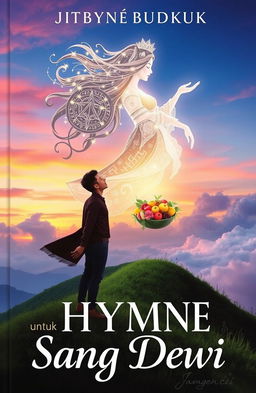 A captivating book cover titled 'Hymne untuk Sang Dewi', featuring a romantic and ethereal scene of a mortal man standing on a lush green hill under a twilight sky, gazing lovingly towards a divine goddess made of shimmering light and celestial elements, floating gracefully in the clouds