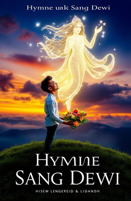 A captivating book cover titled 'Hymne untuk Sang Dewi', featuring a romantic and ethereal scene of a mortal man standing on a lush green hill under a twilight sky, gazing lovingly towards a divine goddess made of shimmering light and celestial elements, floating gracefully in the clouds
