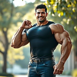 A powerful and muscular male figure standing confidently, showcasing a full, well-defined hand and broad shoulders that exude strength and charisma