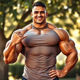 A powerful and muscular male figure standing confidently, showcasing a full, well-defined hand and broad shoulders that exude strength and charisma