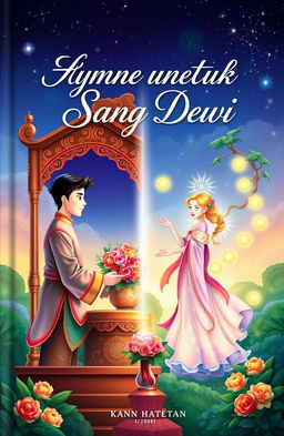 A beautifully illustrated book cover titled 'Hymne untuk Sang Dewi', depicting a romantic and ethereal scene
