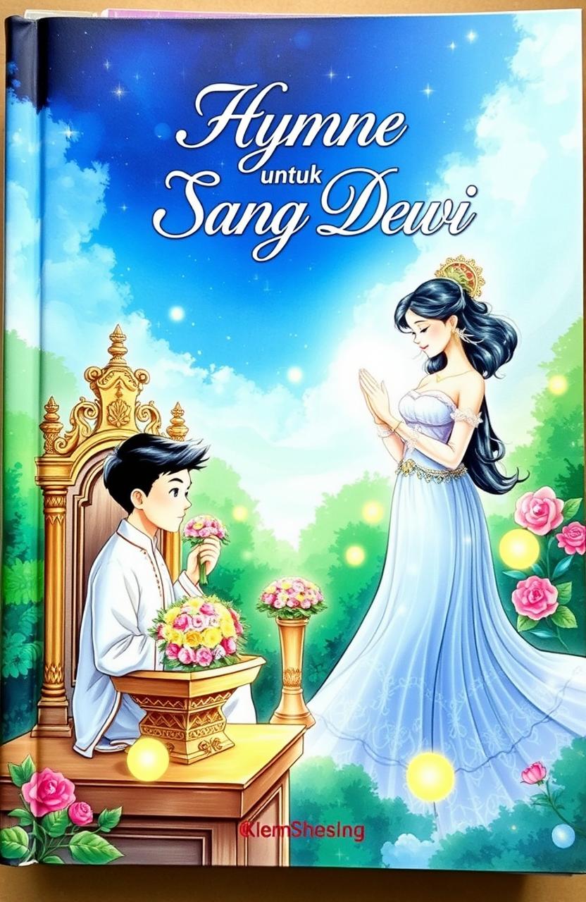 A beautifully illustrated book cover titled 'Hymne untuk Sang Dewi', depicting a romantic and ethereal scene