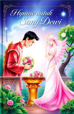 A beautifully illustrated book cover titled 'Hymne untuk Sang Dewi', depicting a romantic and ethereal scene