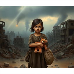 A poignant scene depicting a young girl in war-torn Gaza, clutching a small bear doll and a bag