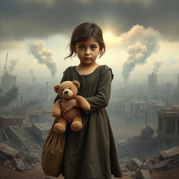 A poignant scene depicting a young girl in war-torn Gaza, clutching a small bear doll and a bag