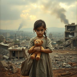 A poignant scene depicting a young girl in war-torn Gaza, clutching a small bear doll and a bag