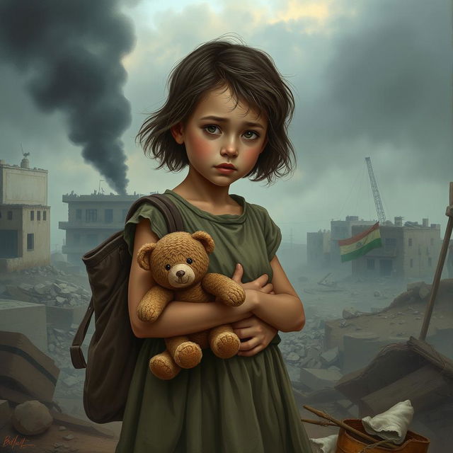 A poignant scene depicting a young girl in war-torn Gaza, clutching a small bear doll and a bag