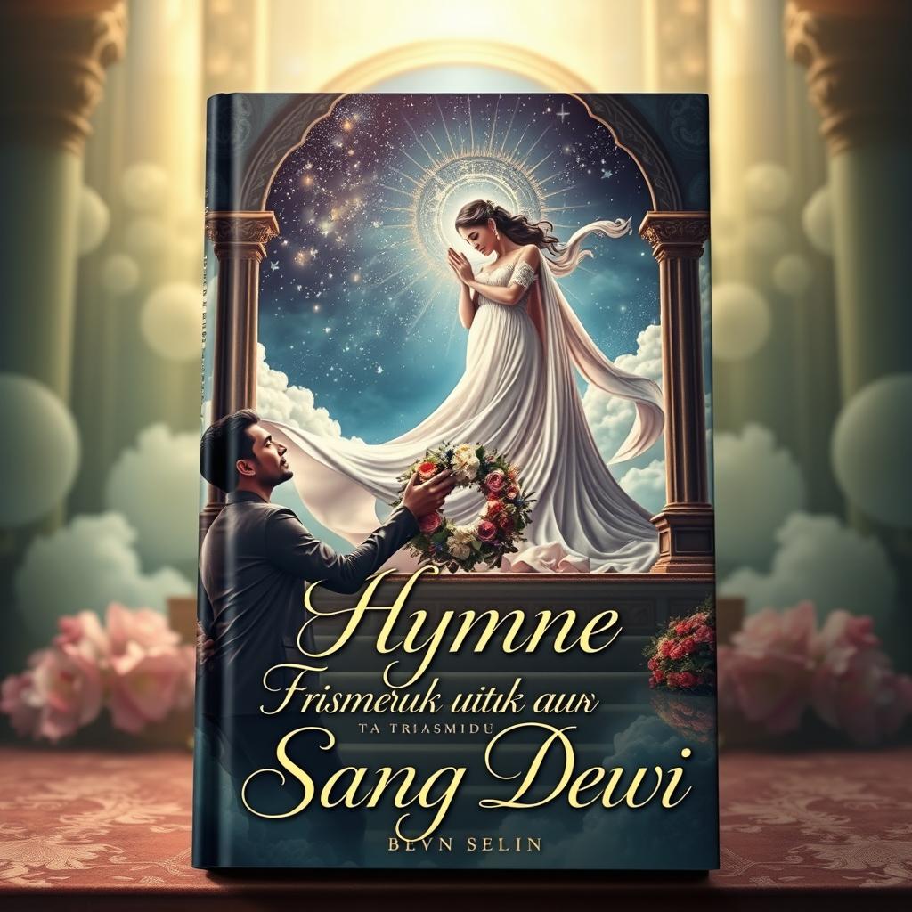A captivating book cover titled 'Hymne untuk Sang Dewi', inspired by a tale of love transcending worlds