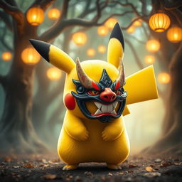A lively Pikachu featuring a traditional Japanese demon mask (Oni mask) worn partially over its face, combining elements of its iconic yellow fur with the fierce and intricate details of the mask