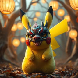 A lively Pikachu featuring a traditional Japanese demon mask (Oni mask) worn partially over its face, combining elements of its iconic yellow fur with the fierce and intricate details of the mask