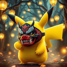 A lively Pikachu featuring a traditional Japanese demon mask (Oni mask) worn partially over its face, combining elements of its iconic yellow fur with the fierce and intricate details of the mask