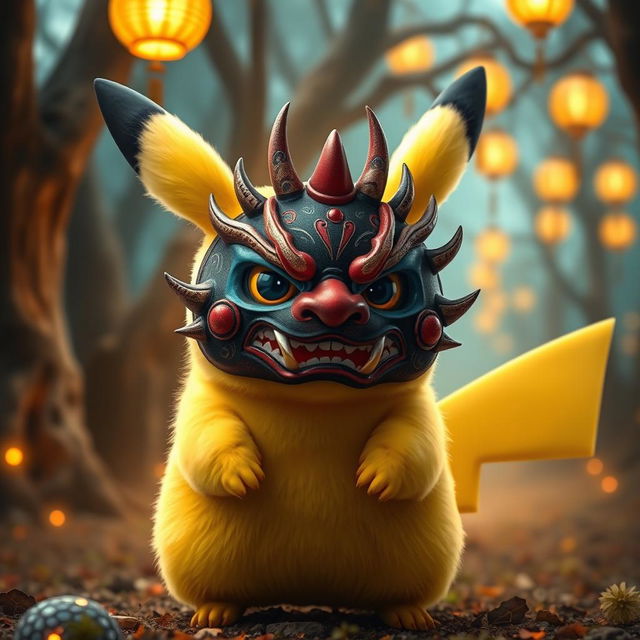 A lively Pikachu featuring a traditional Japanese demon mask (Oni mask) worn partially over its face, combining elements of its iconic yellow fur with the fierce and intricate details of the mask