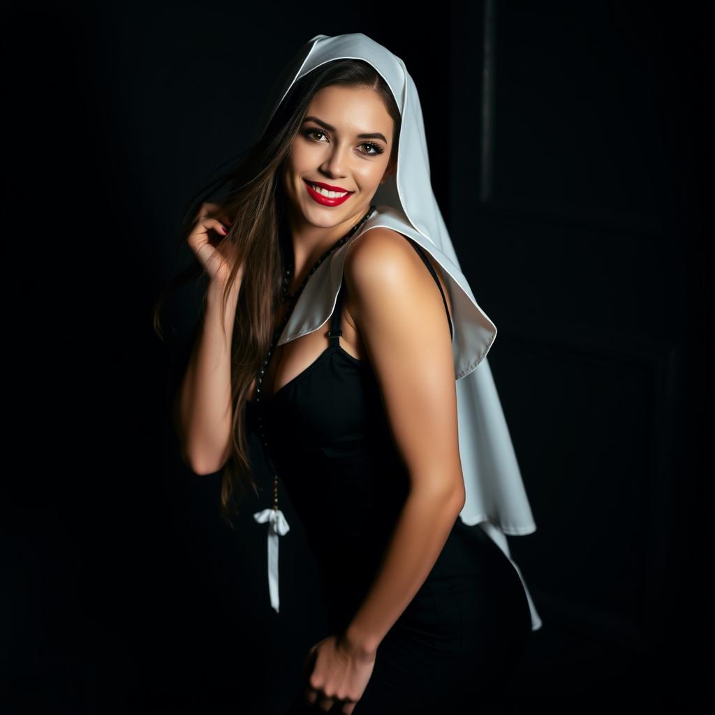 A 25-year-old woman dressed in a provocative nun outfit, in a playful and confident pose