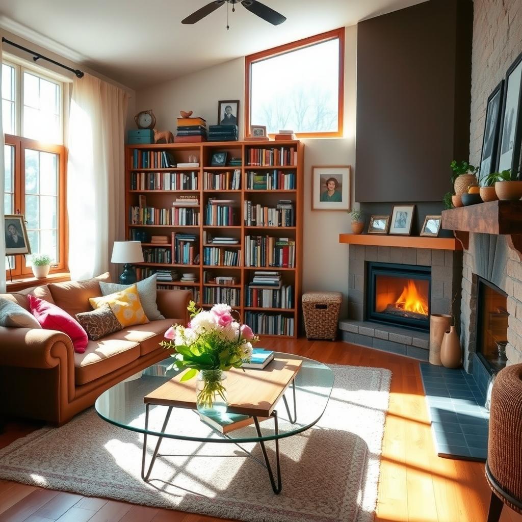 A cozy and inviting home interior, featuring a warm living room with a plush sofa and colorful throw pillows, a large bookshelf filled with books, and a glowing fireplace