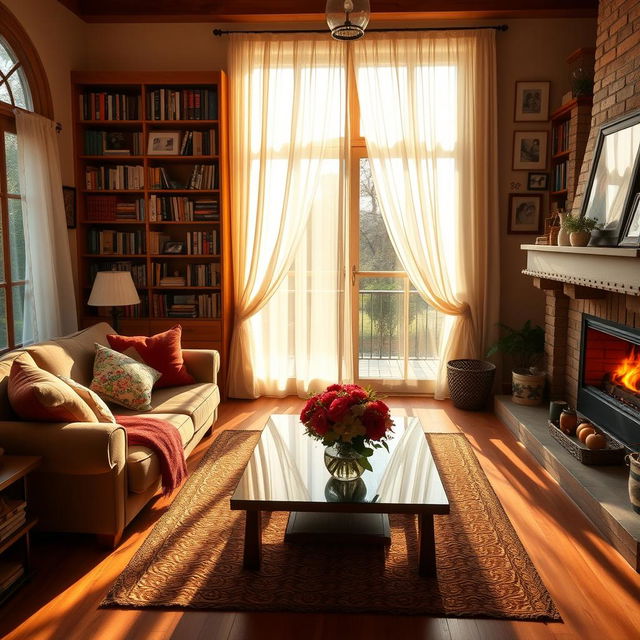 A cozy and inviting home interior, featuring a warm living room with a plush sofa and colorful throw pillows, a large bookshelf filled with books, and a glowing fireplace