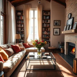 A cozy and inviting home interior, featuring a warm living room with a plush sofa and colorful throw pillows, a large bookshelf filled with books, and a glowing fireplace