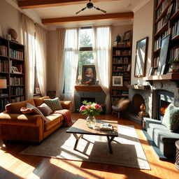 A cozy and inviting home interior, featuring a warm living room with a plush sofa and colorful throw pillows, a large bookshelf filled with books, and a glowing fireplace