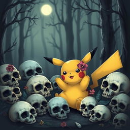 A cute yet slightly spooky scene featuring Pikachu playfully surrounded by various skulls of different sizes and styles
