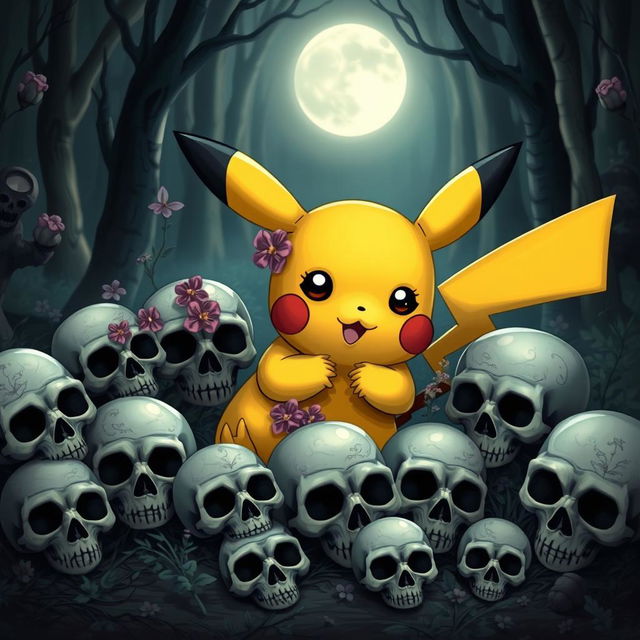 A cute yet slightly spooky scene featuring Pikachu playfully surrounded by various skulls of different sizes and styles