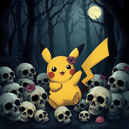 A cute yet slightly spooky scene featuring Pikachu playfully surrounded by various skulls of different sizes and styles