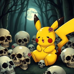 A cute yet slightly spooky scene featuring Pikachu playfully surrounded by various skulls of different sizes and styles