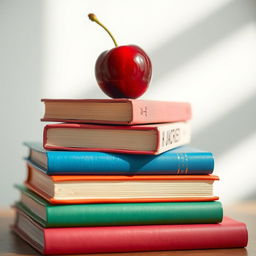 A charming and artistic still life composition featuring a stack of colorful books arranged on top of each other