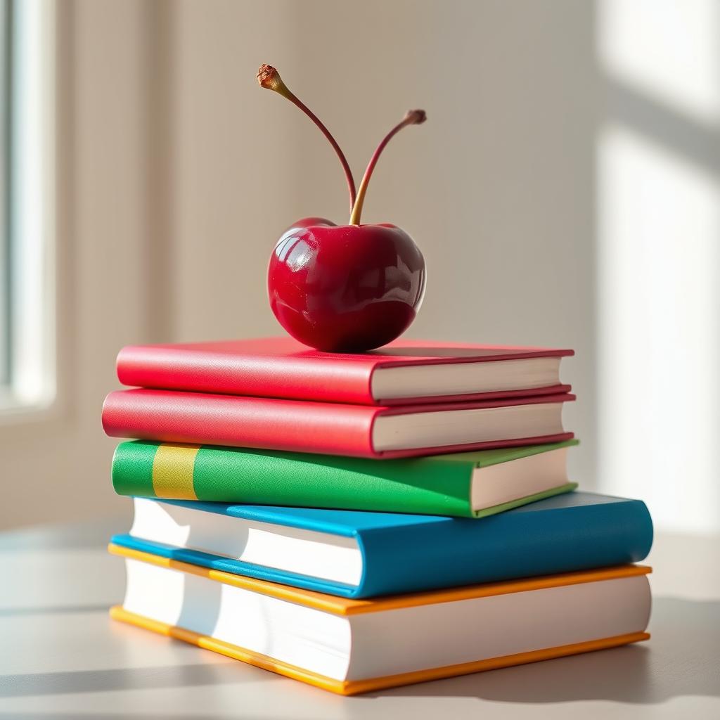 A charming and artistic still life composition featuring a stack of colorful books arranged on top of each other