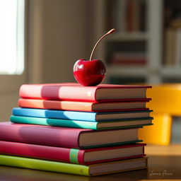 A charming and artistic still life composition featuring a stack of colorful books arranged on top of each other