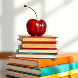 A charming and artistic still life composition featuring a stack of colorful books arranged on top of each other
