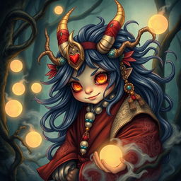 An intricate and captivating depiction of a Japanese Yokai, featuring a whimsical and mystical creature known in folklore