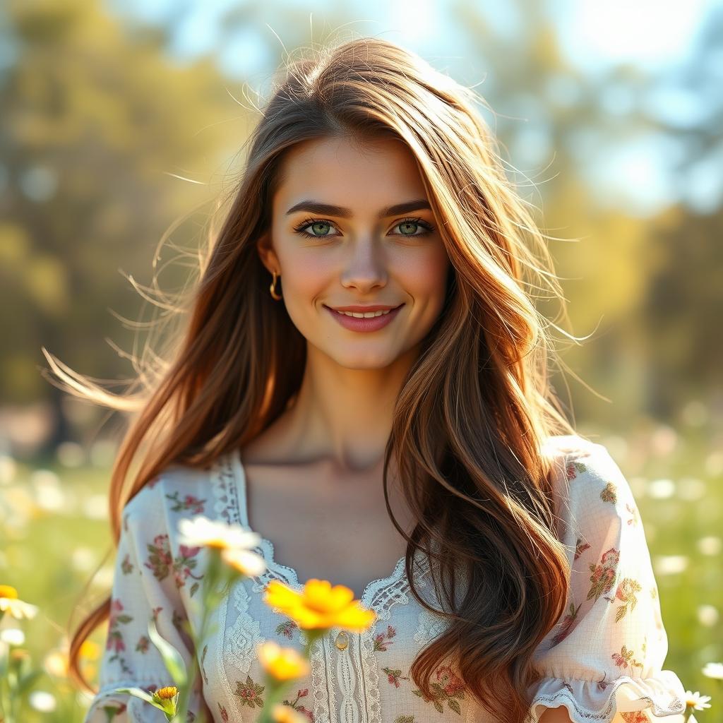 A stunning portrait of a young woman with long flowing brunette hair and striking green eyes