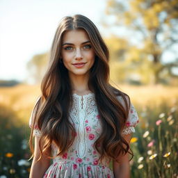 A stunning portrait of a young woman with long flowing brunette hair and striking green eyes